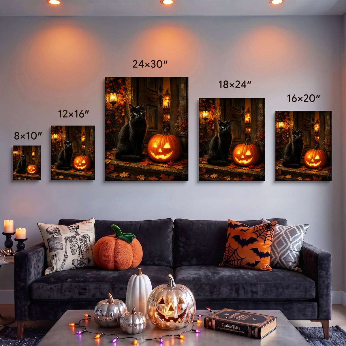 Black Cat and Pumpkin Halloween Canvas Wall Art, Gothic Fall Decor for Living Room, Bedroom and Entryway