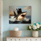 Black Cat Riding a Shark Whimsical Surreal Ocean Adventure Painting Wall Art