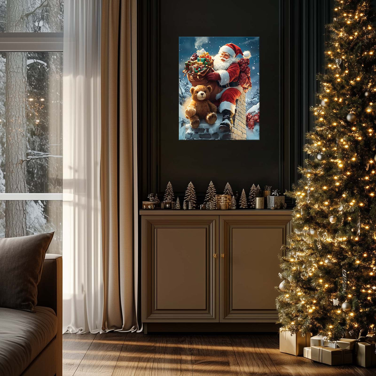 Santa Claus with Teddy Bear Christmas Canvas Wall Art, Santa Delivering Gifts on a Snowy Rooftop Holiday Decor