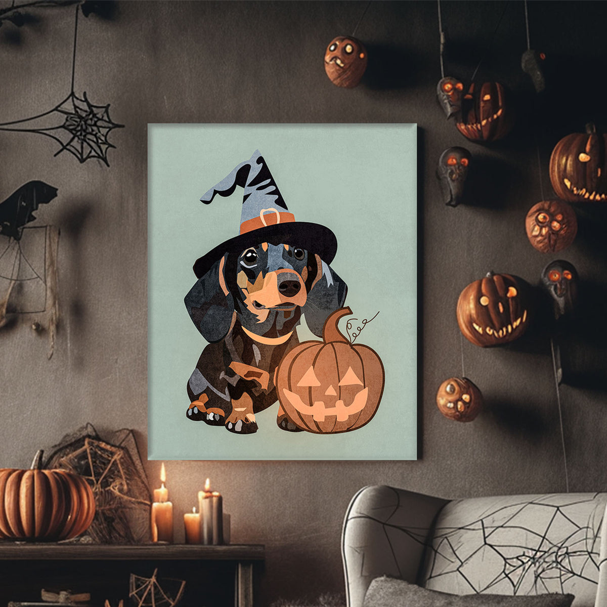 Halloween Dog and Pumpkin Cute Rottweiler Witch Hat Halloween Illustration Wall Art