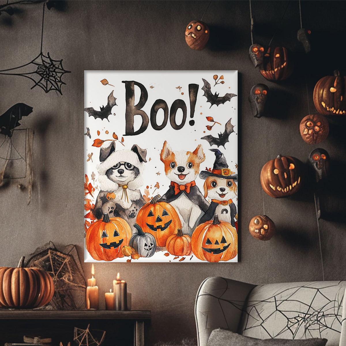 Halloween Boo! Animal Friends Canvas Wall Art – Cute Watercolor Dogs, Bats and Pumpkins Decor