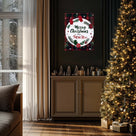 Merry Christmas Happy New Year Canvas Wall Art, Rustic Plaid Holiday Sign with Christmas Wreath and Mittens