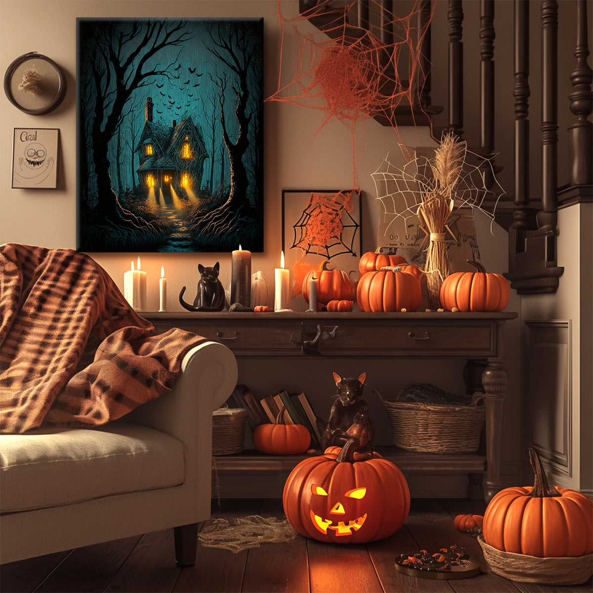 Enchanted Forest Haunted Cottage Halloween Canvas Wall Art