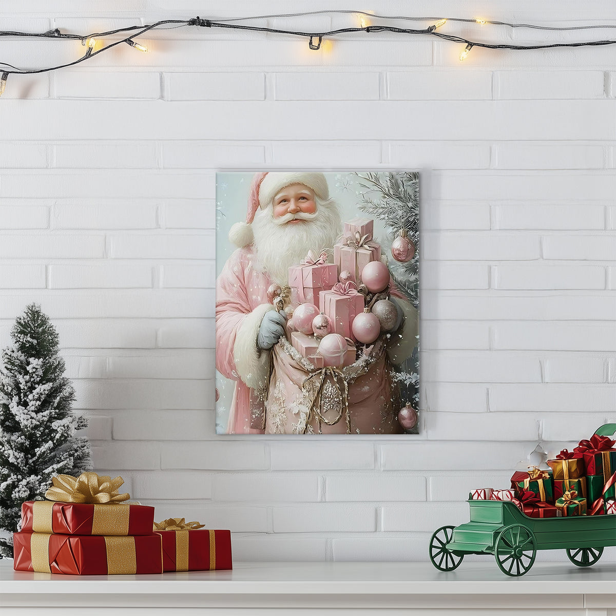 Pink Santa Claus Christmas Canvas Wall Art with Gifts, Whimsical Holiday Decor for Bedroom, Living Room and Nursery