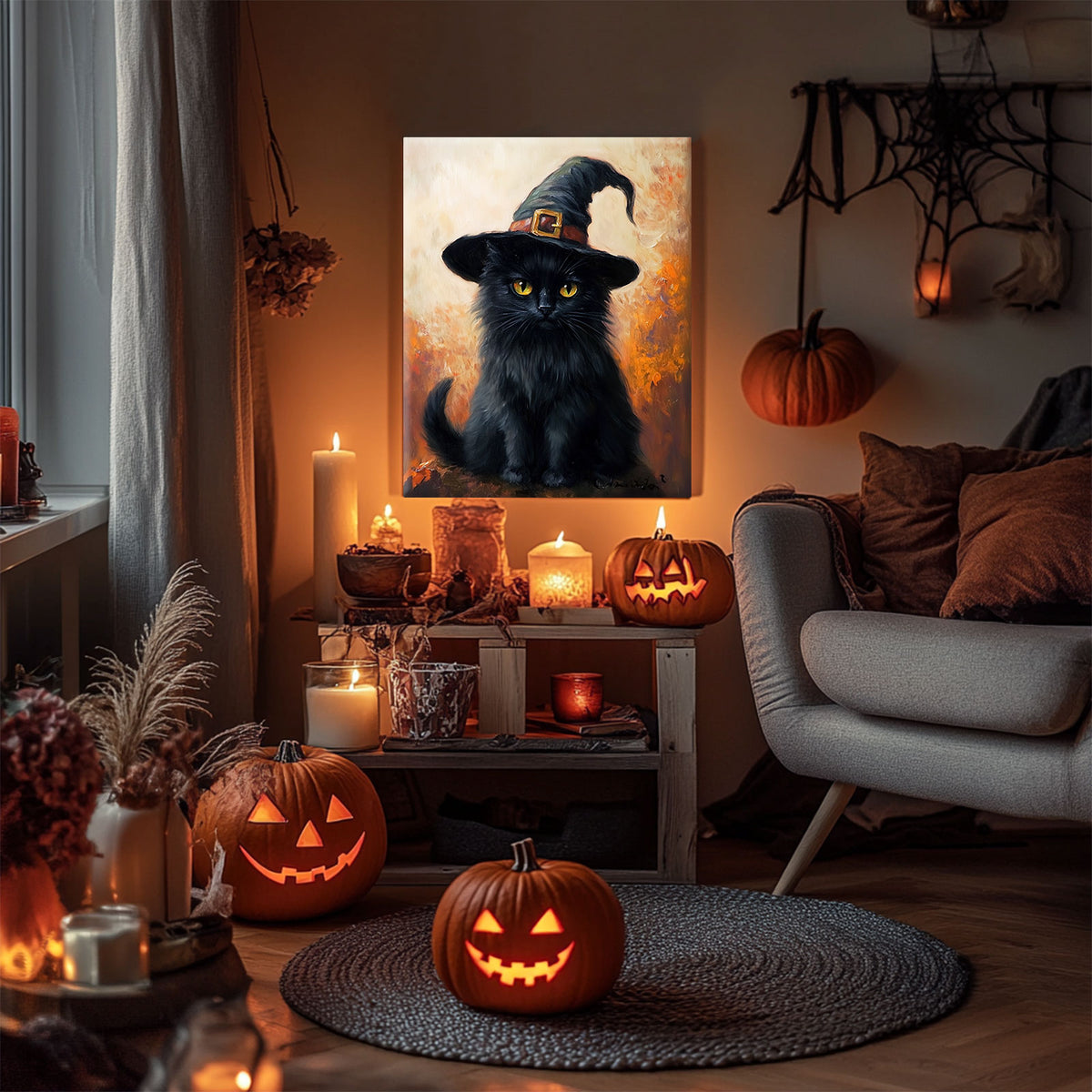 Witch Hat Black Cat Halloween Wall Art