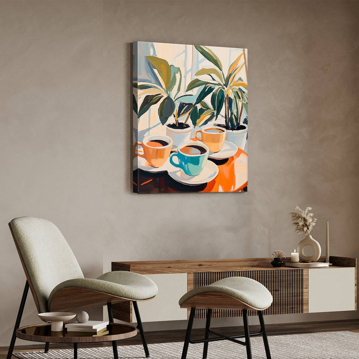 Colorful Coffee and Houseplants Modern Colorful Abstract Lifestyle Painting Wall Art