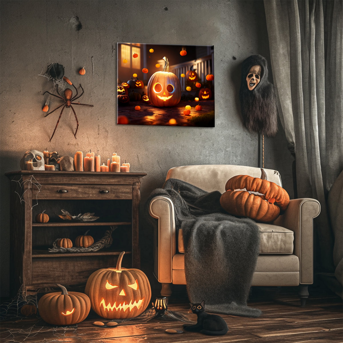 Ghostly Pumpkin Porch Halloween Canvas Wall Art