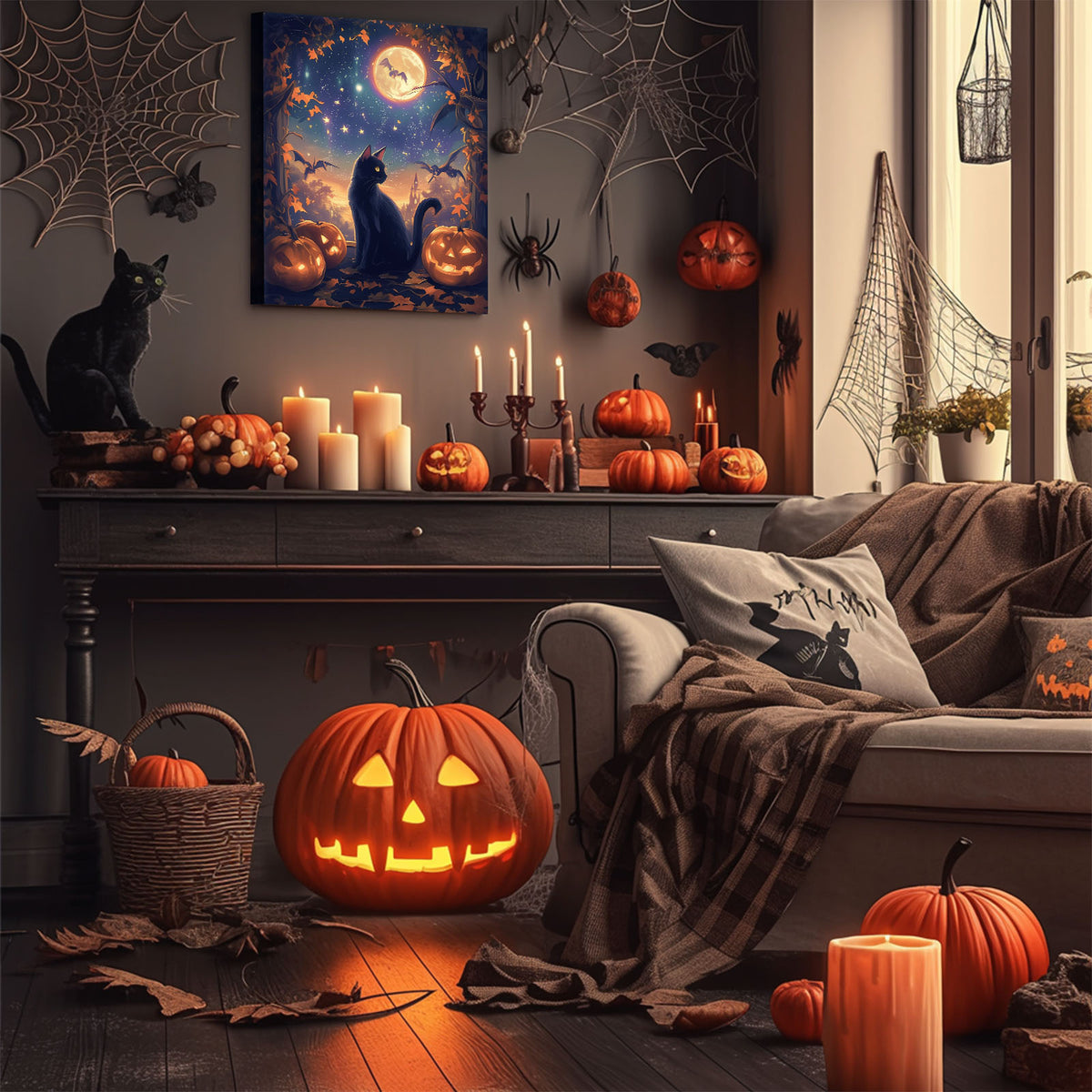 Black Cat and Pumpkins Halloween Whimsical Halloween Night Illustration Wall Art