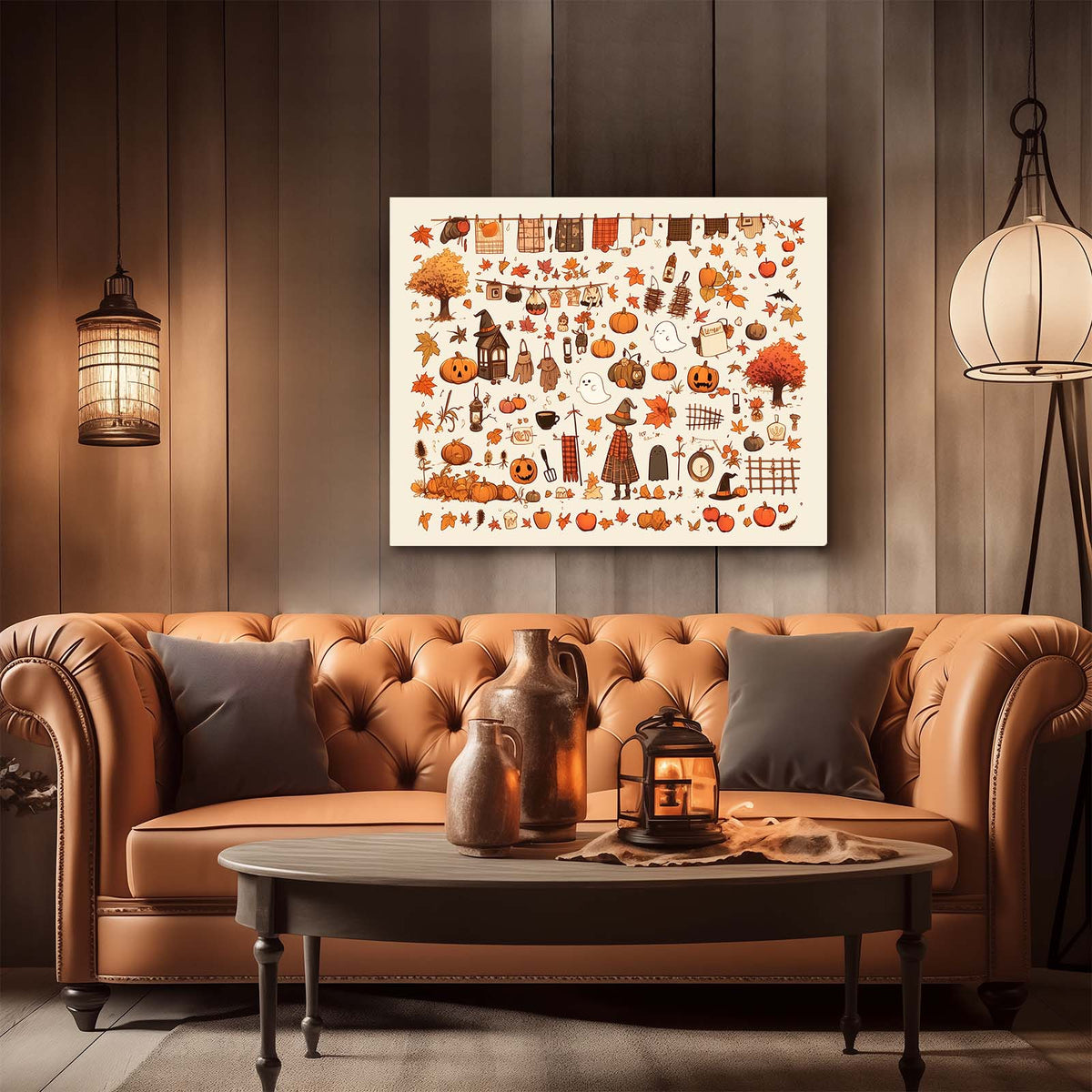 Autumn Cozy Halloween Doodle Collage Illustration Wall Art