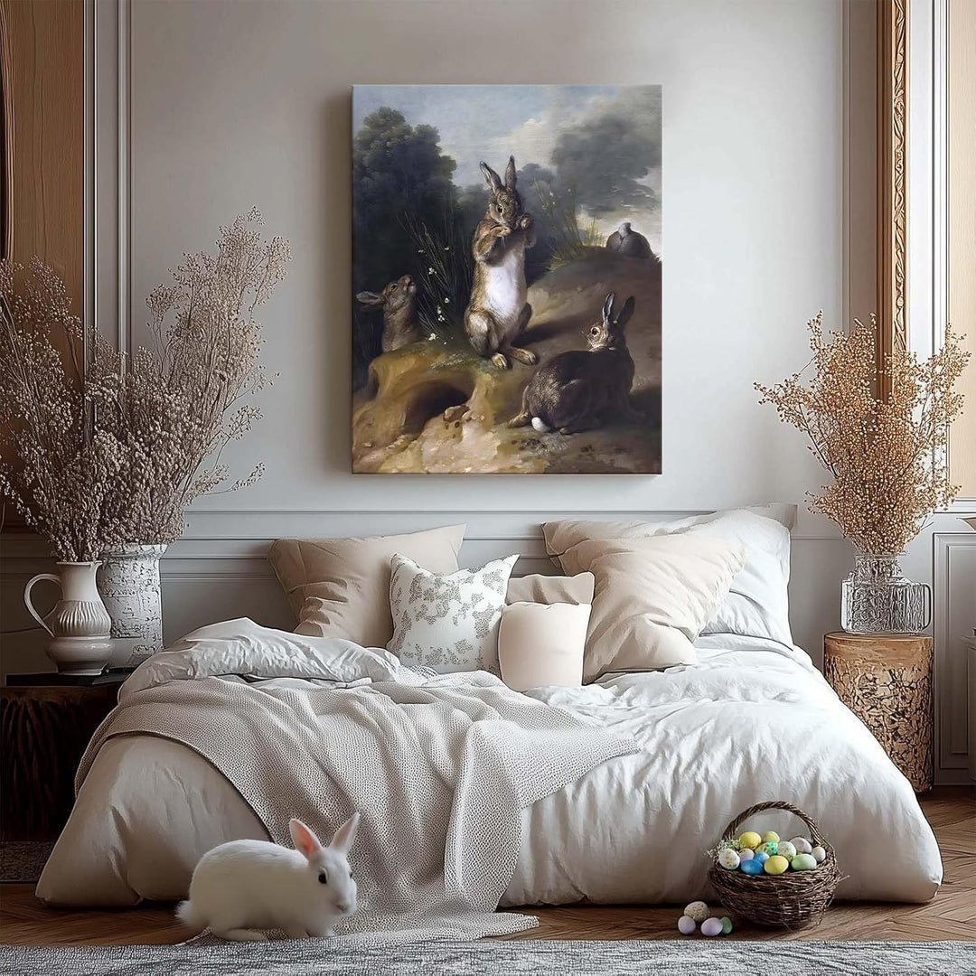 Easter Rabbits Canvas Wall Art, Adorable 4 Hares and Cave Oil Painting Home Decor, Nature-Inspired Wall Decor Stunning Lovable Bunny Canvas Prints for Living Room