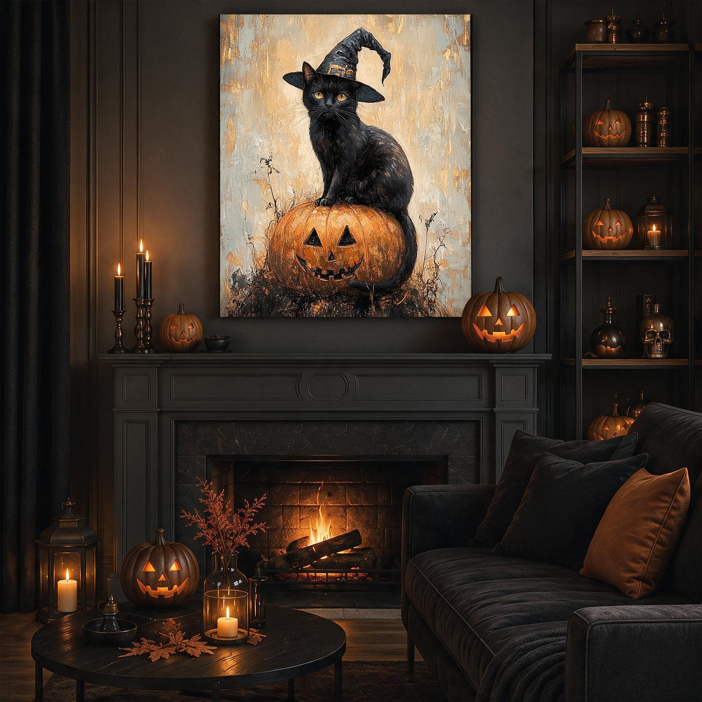 Black Cat and Pumpkin Halloween Canvas Wall Art, Gothic Fall Decor for Living Room, Bedroom and Entryway