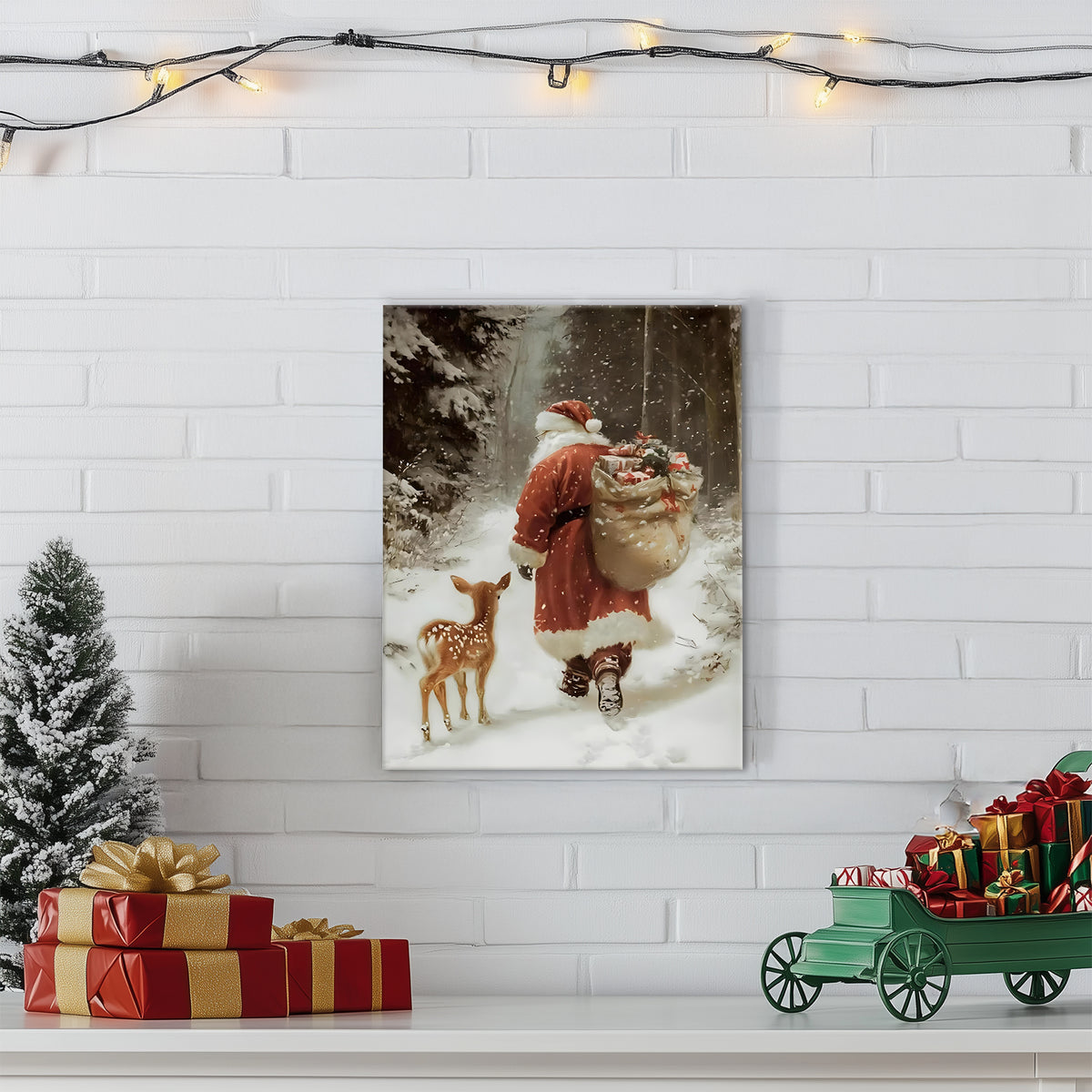 Santa Claus and Fawn Christmas Canvas Wall Art, Santa Carrying Gifts in a Snowy Forest Holiday Decor