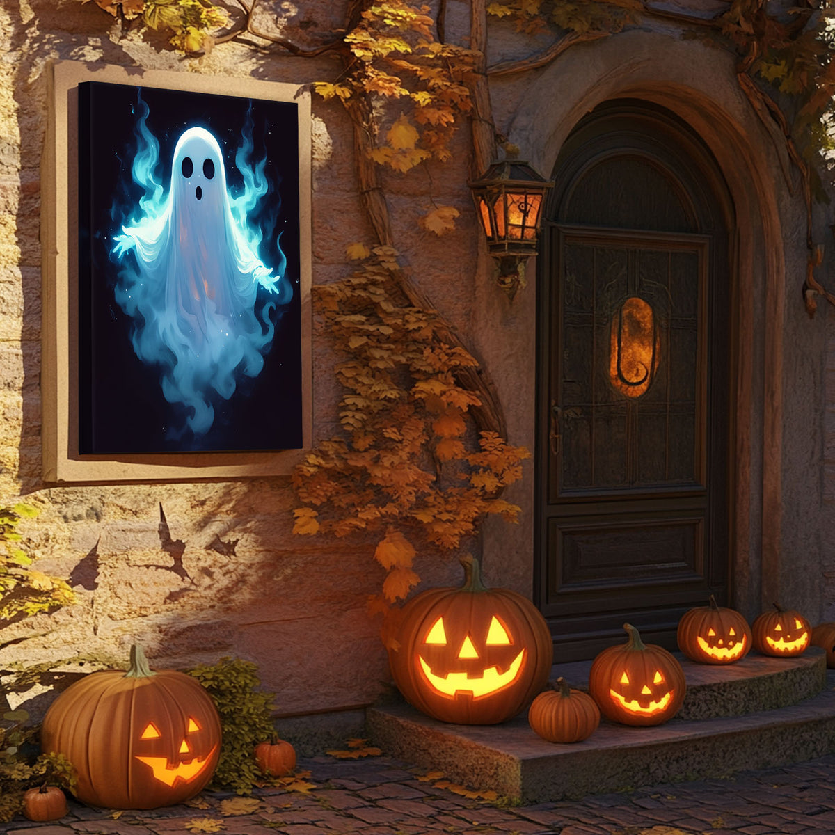 Haunted Glowing Blue Ghost Illustration Halloween Wall Art