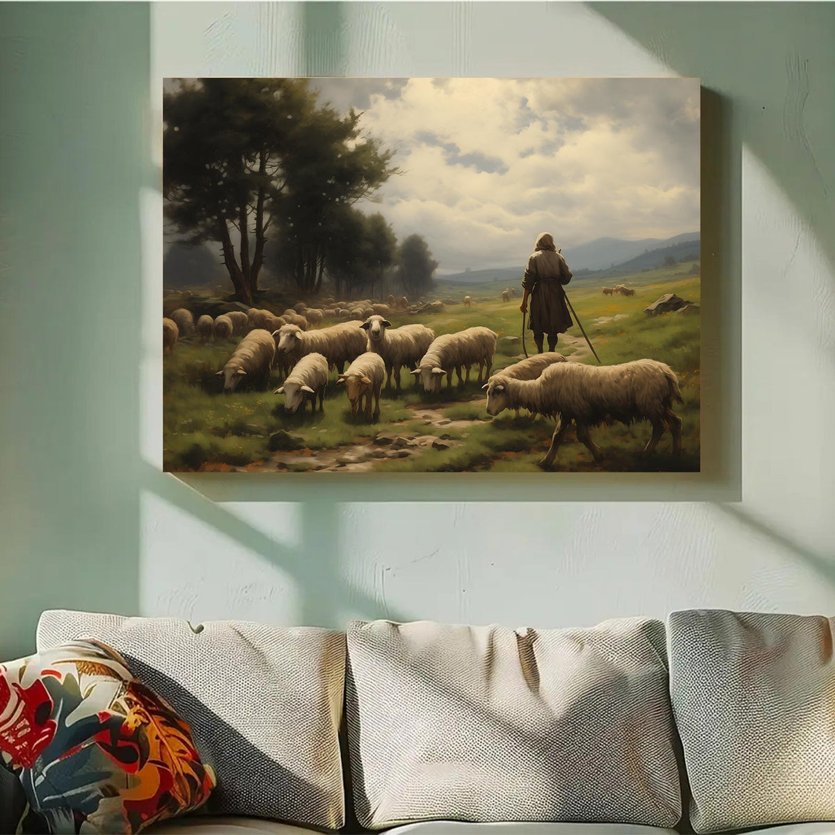 Classic Pastoral Landscape Painting Shepherd and Sheep Pasture Wall Art