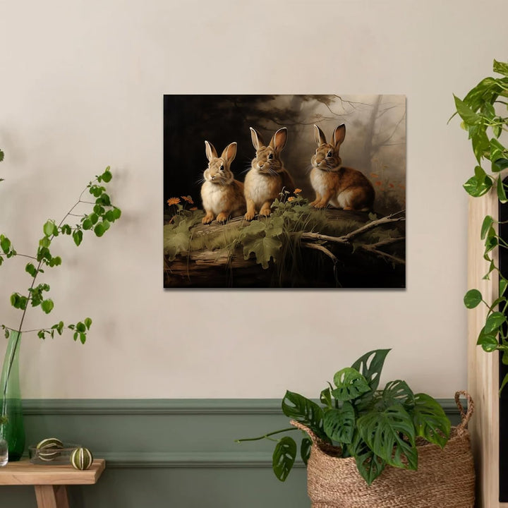 Easter Woodland Rabbits Canvas Wall Art, Adorable Hares Oil Painting Home Décor, Nature-Inspired Wall Decor, Stunning Canvas Prints