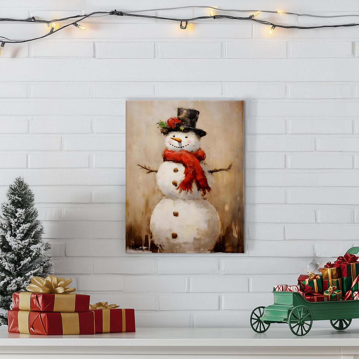 Christmas Snowman Canvas Wall Art, Rustic Snowman with Red Scarf and Black Hat Holiday Decor for Living Room