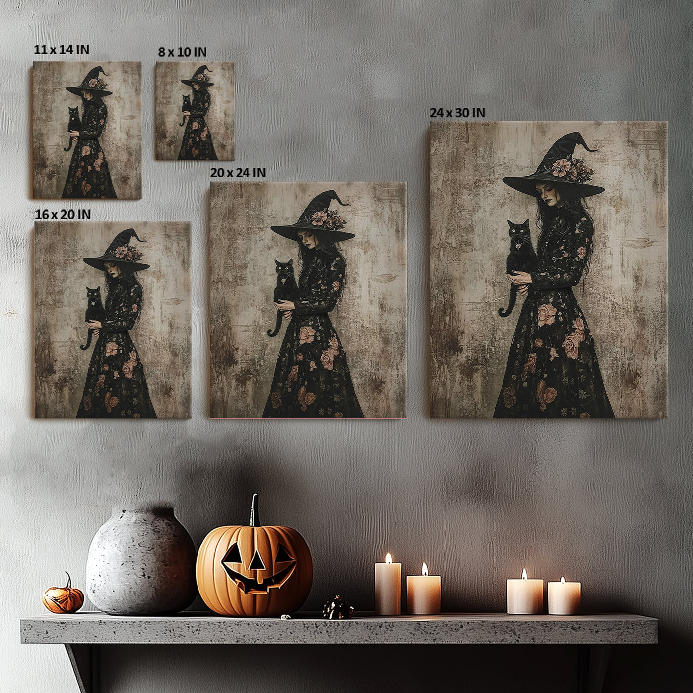 Floral Witch and Black Cat Halloween Canvas Wall Art