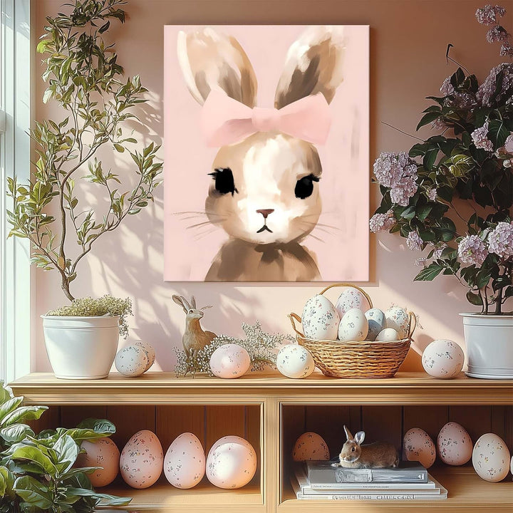 Easter Bunny Canvas Wall Art, Stylish Bunny Pop Home Decor Print Painting Spring Pink Aesthetic Artwork, Rustic Easter Charm Holiday Gift Nursery Living Room Decoration