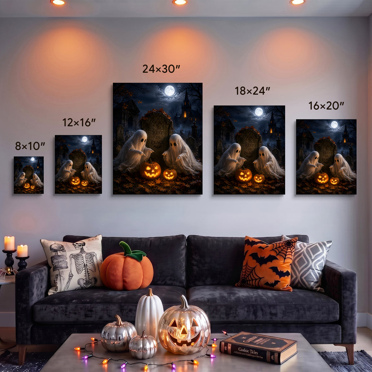 Cute Ghost and Pumpkin Halloween Canvas Wall Art, Whimsical Gothic Fall Decor for Home, Bedroom and Kids’ Room