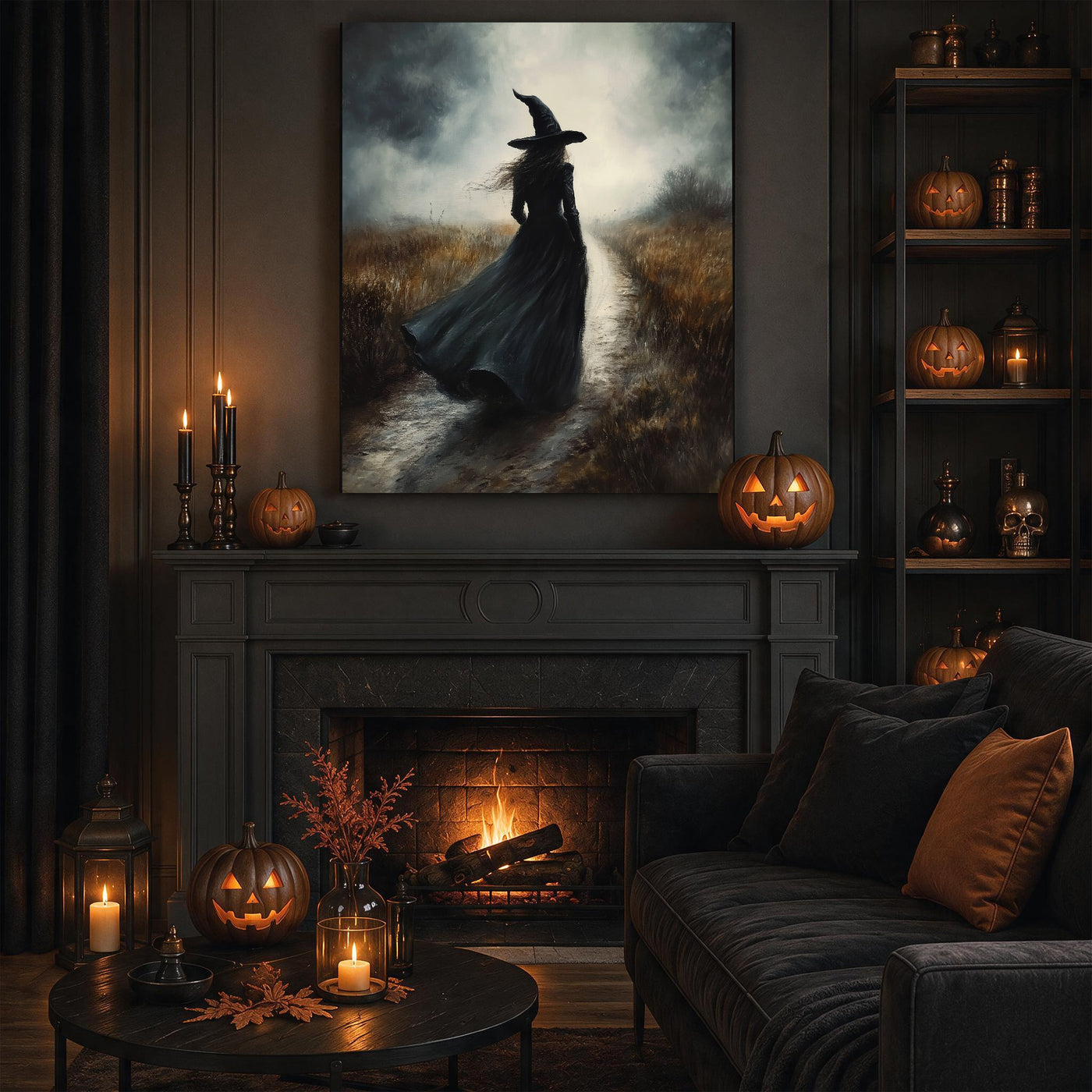 Witch Walking Through the Meadow Halloween Canvas Wall Art