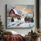 Christmas Tree Farm Canvas Wall Art, Snowy Rustic Farmhouse Landscape with Horse Cart Holiday Decor