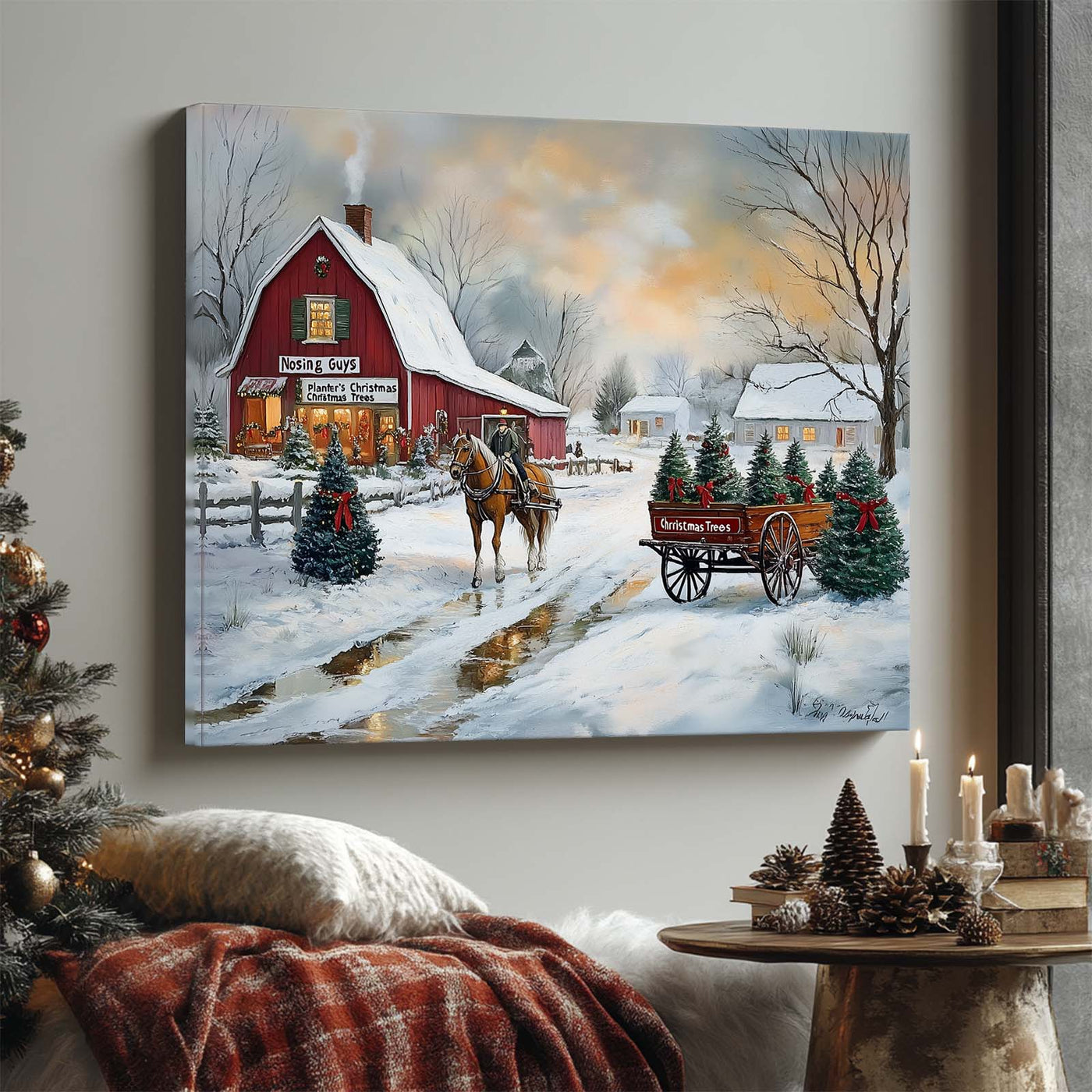 Christmas Tree Farm Canvas Wall Art, Snowy Rustic Farmhouse Landscape with Horse Cart Holiday Decor