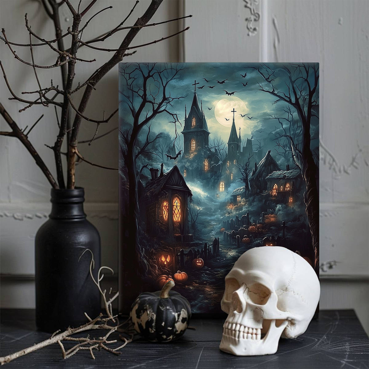 Moonlit Gothic Halloween Landscape Haunted Village Wall Art