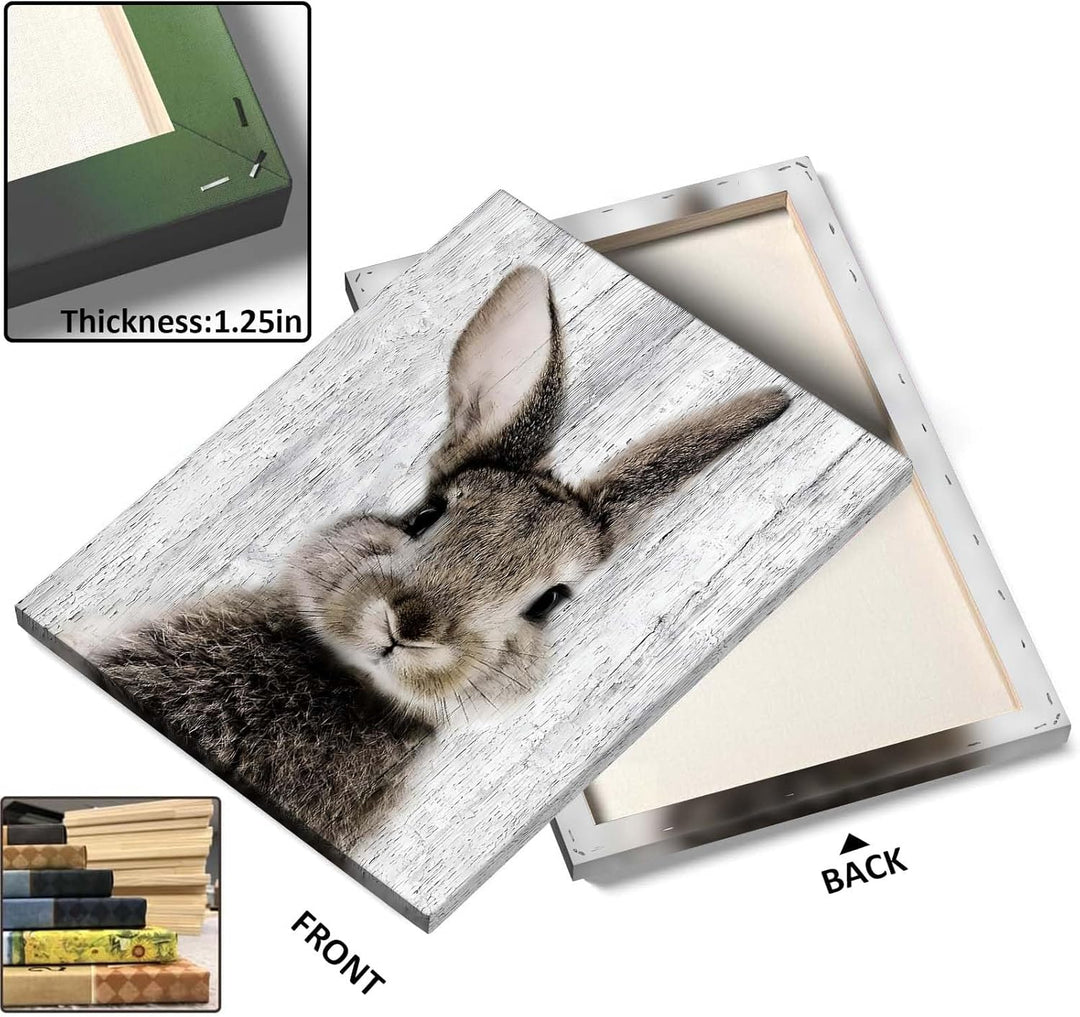 Easter Framed Canvas Wall Art Living Room Decor Rustic Bunny Poster Lovable Rabbit Front Portrait Painting Modern Artwork for Bedroom Dorm Home Office Holiday Wall Decoration