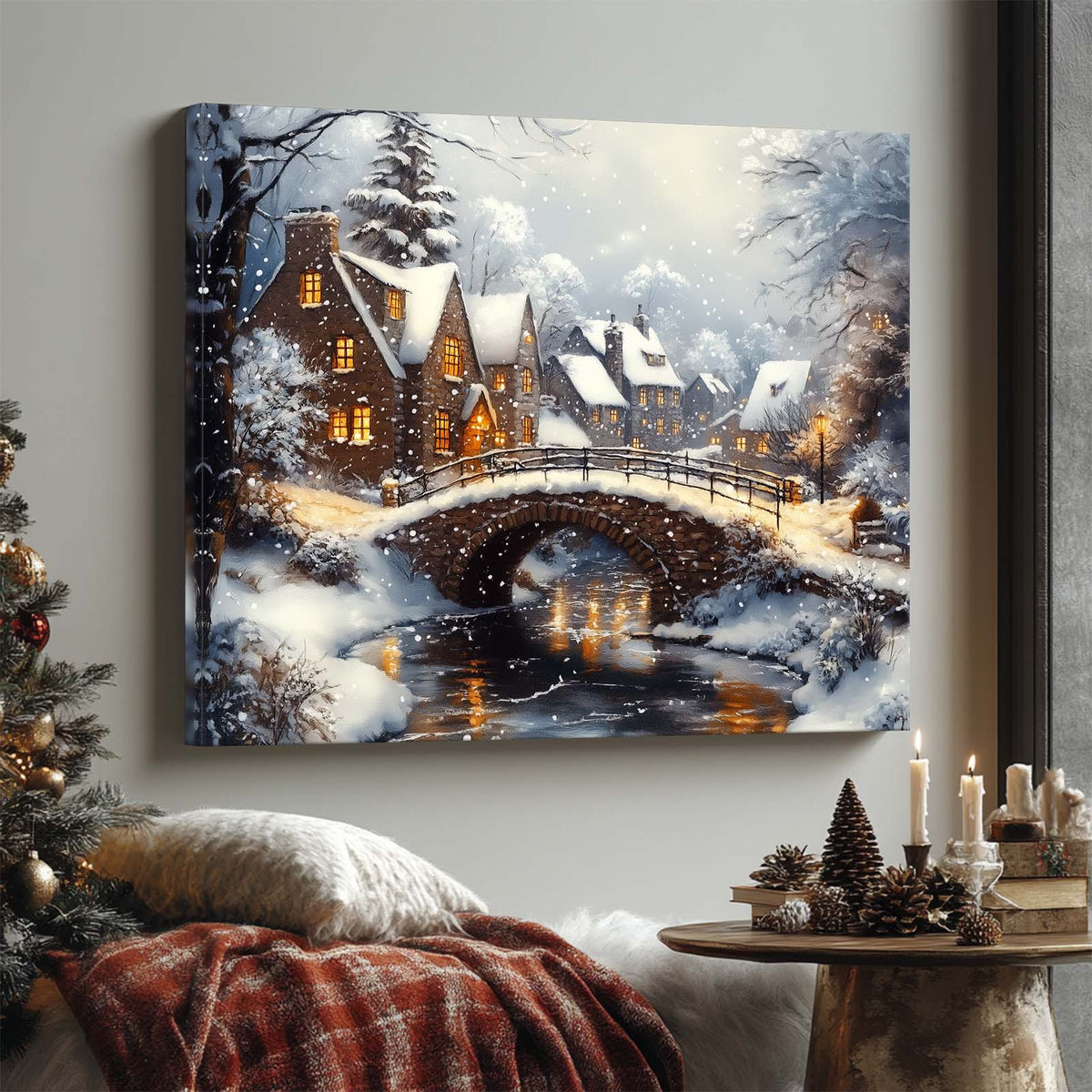 Snowy Christmas Village Canvas Wall Art, Cozy Winter Town Holiday Decor
