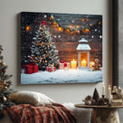 Rustic Christmas Cottage Canvas Wall Art, Snowy Holiday Scenes with Christmas Trees, Lanterns and Gingerbread Decor
