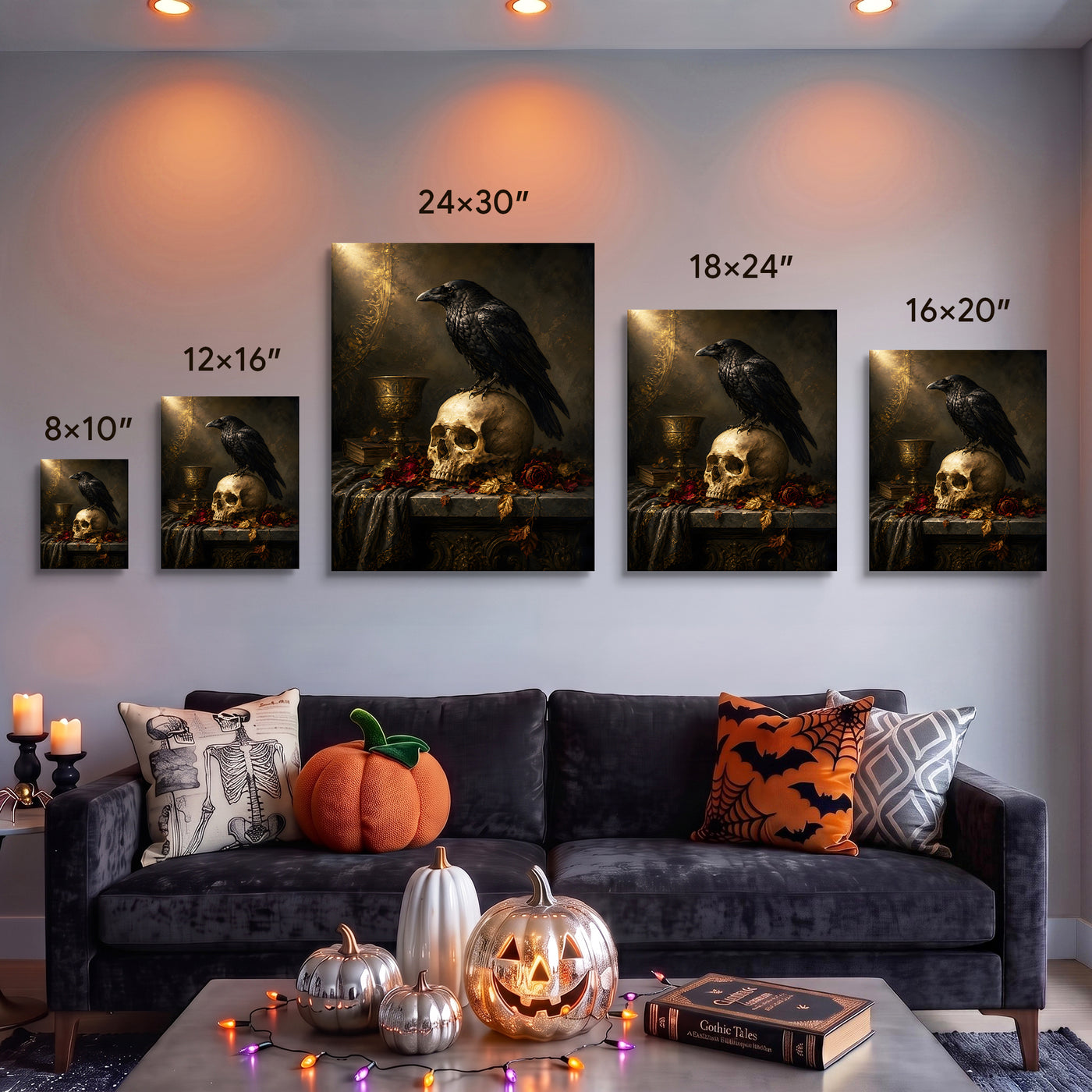 Halloween Raven Canvas Wall Art, Gothic Moonlit Bird Decor
