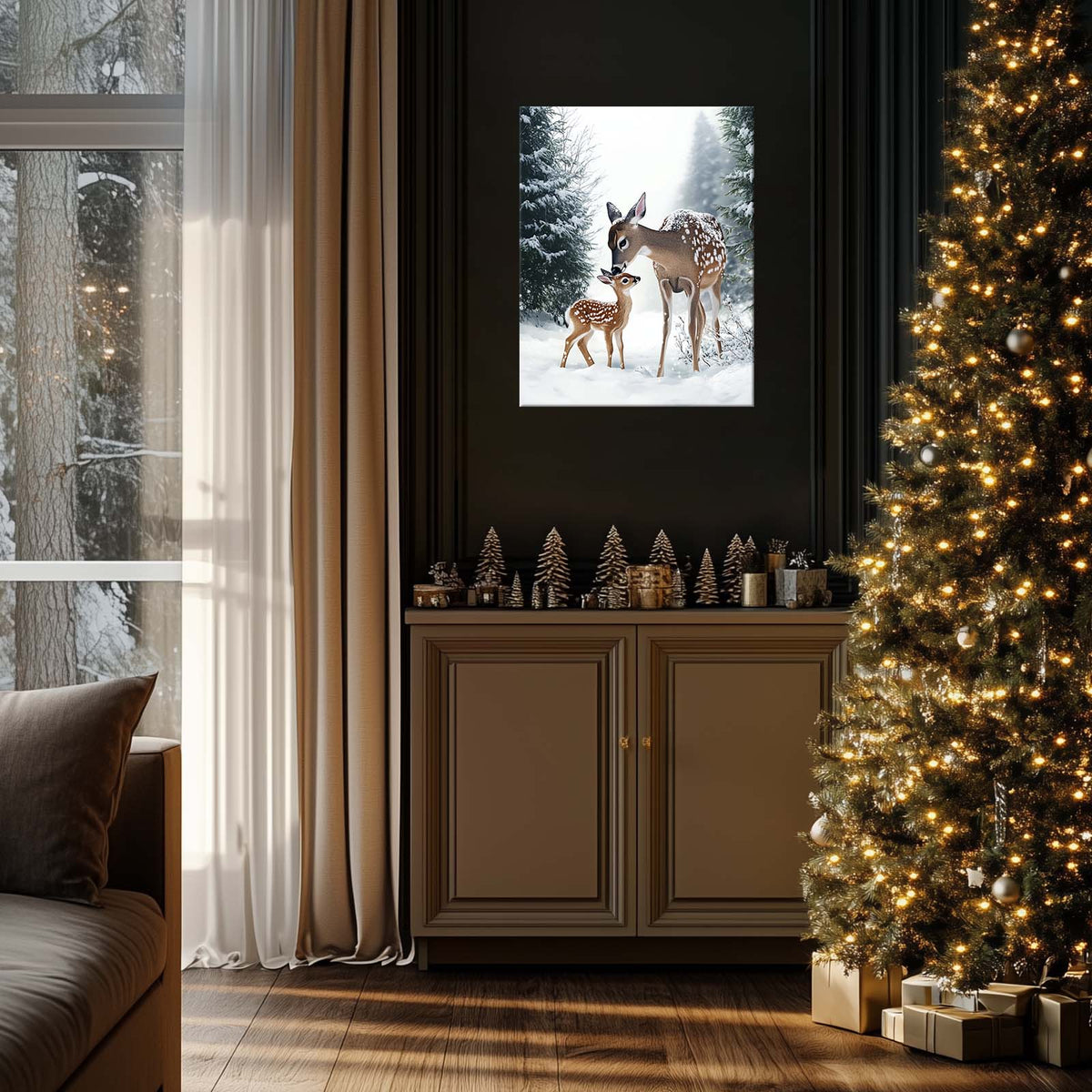 Mother and Baby Deer Winter Canvas Wall Art, Snowy Forest Wildlife Artwork for Living Room, Bedroom and Nursery