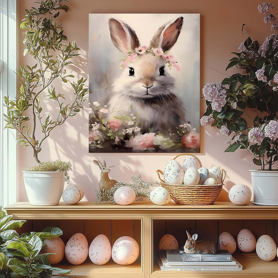 Floral Easter Bunny Canvas Wall Art, Bunny and Flowers Farmhouse Decor Cozy Easter Print Painting Spring Aesthetic Artwork, Holiday Gift Bedroom Living Room Decoration