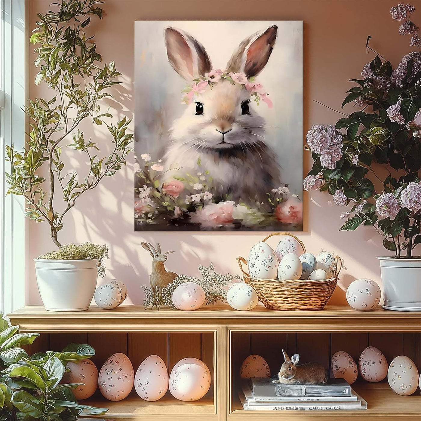 Floral Easter Bunny Canvas Wall Art, Bunny and Flowers Farmhouse Decor Cozy Easter Print Painting Spring Aesthetic Artwork, Holiday Gift Bedroom Living Room Decoration