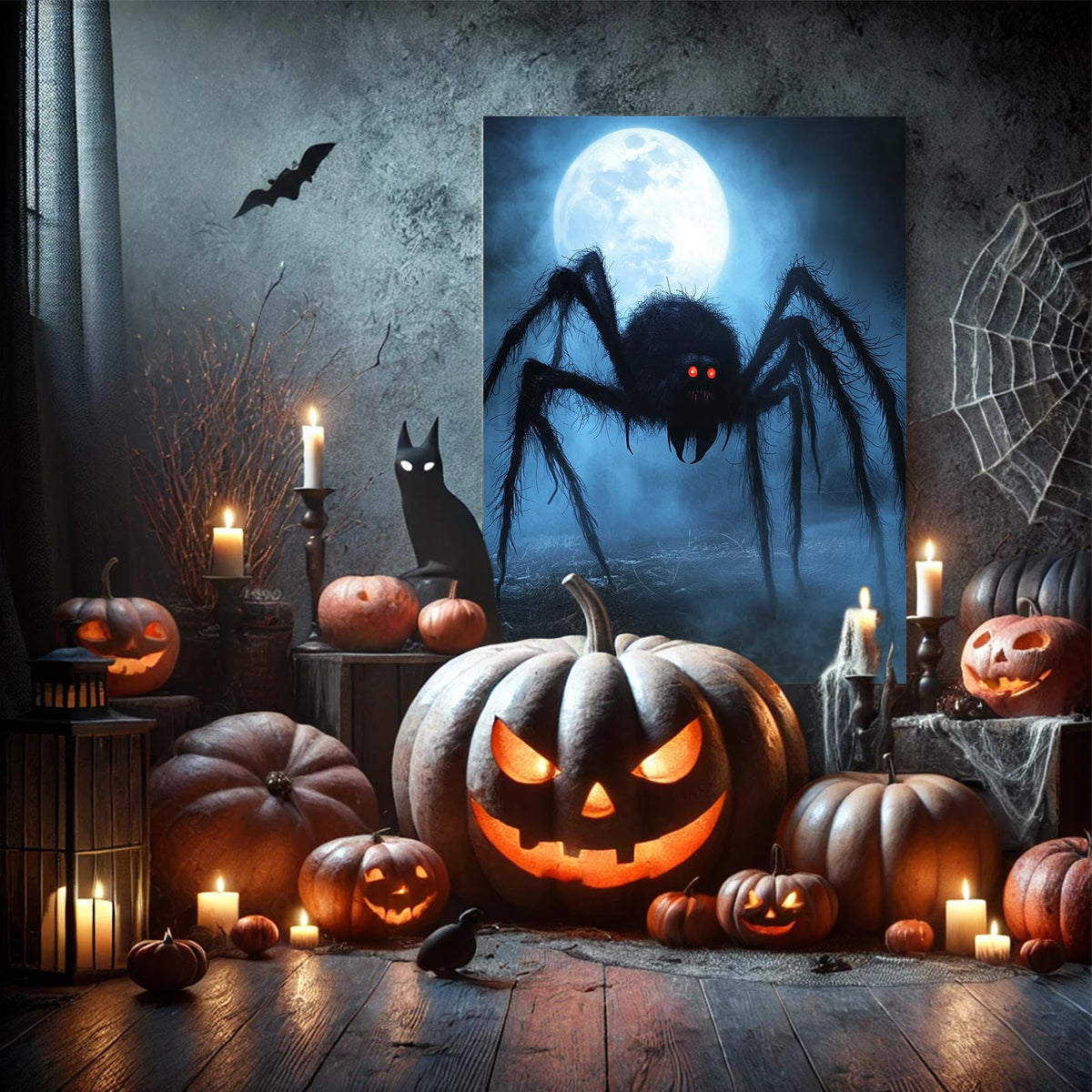 Giant Spider Under the Full Moon Canvas Wall Art – Creepy Halloween Horror Decor