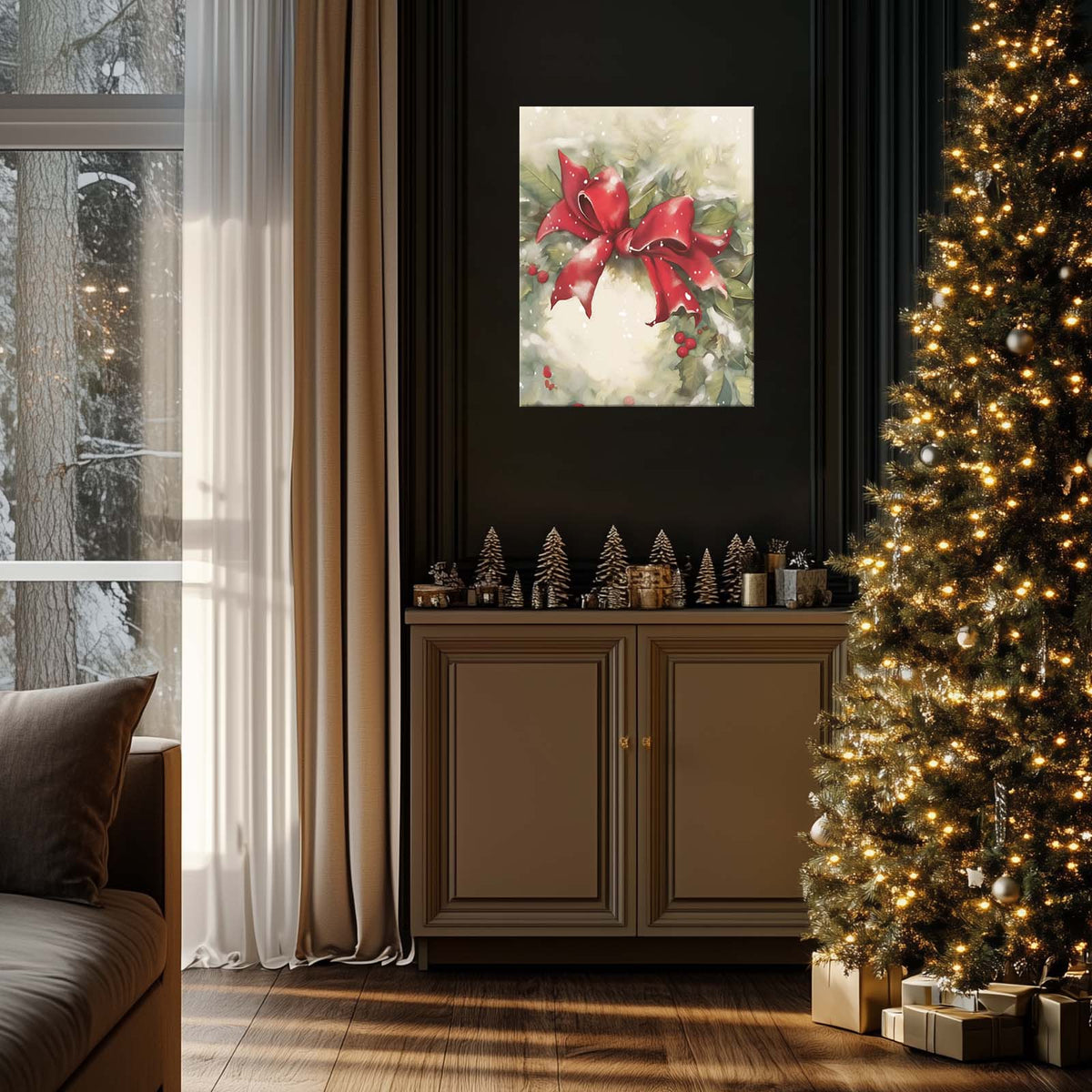Christmas Poinsettia Canvas Wall Art, Red Holiday Floral Decor with Holly and Berries