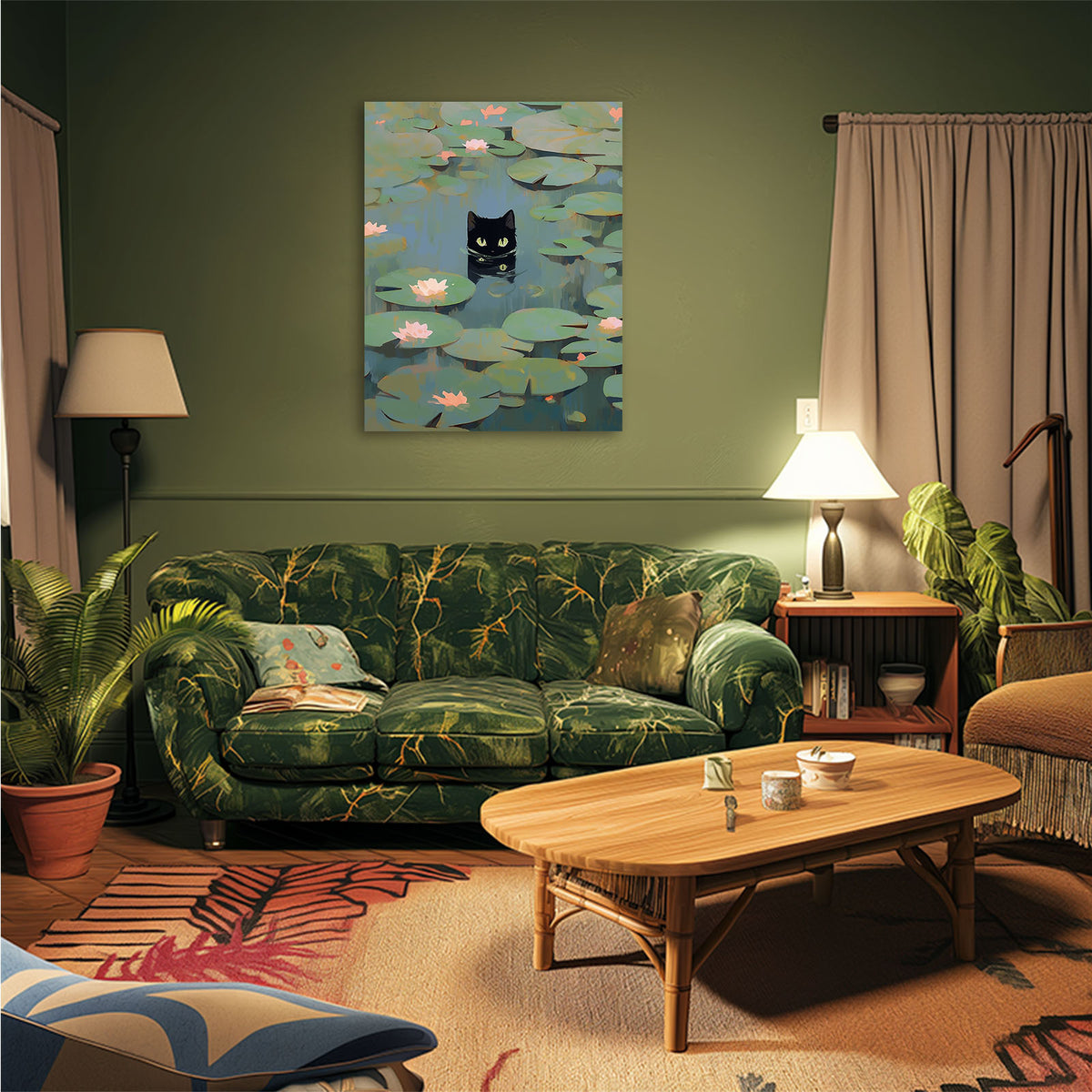 Black Cat Water Lily Wall Art