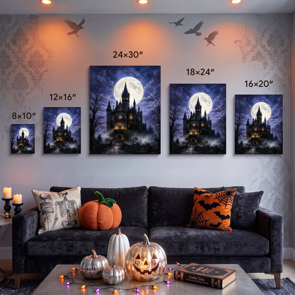 Gothic Castle and Bats Halloween Canvas Wall Art, Dark Fantasy Fall Decor for Living Room, Bedroom and Office