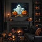 Cute Ghost and Pumpkin Halloween Canvas Wall Art, Whimsical Gothic Fall Decor for Home, Bedroom and Kids’ Room