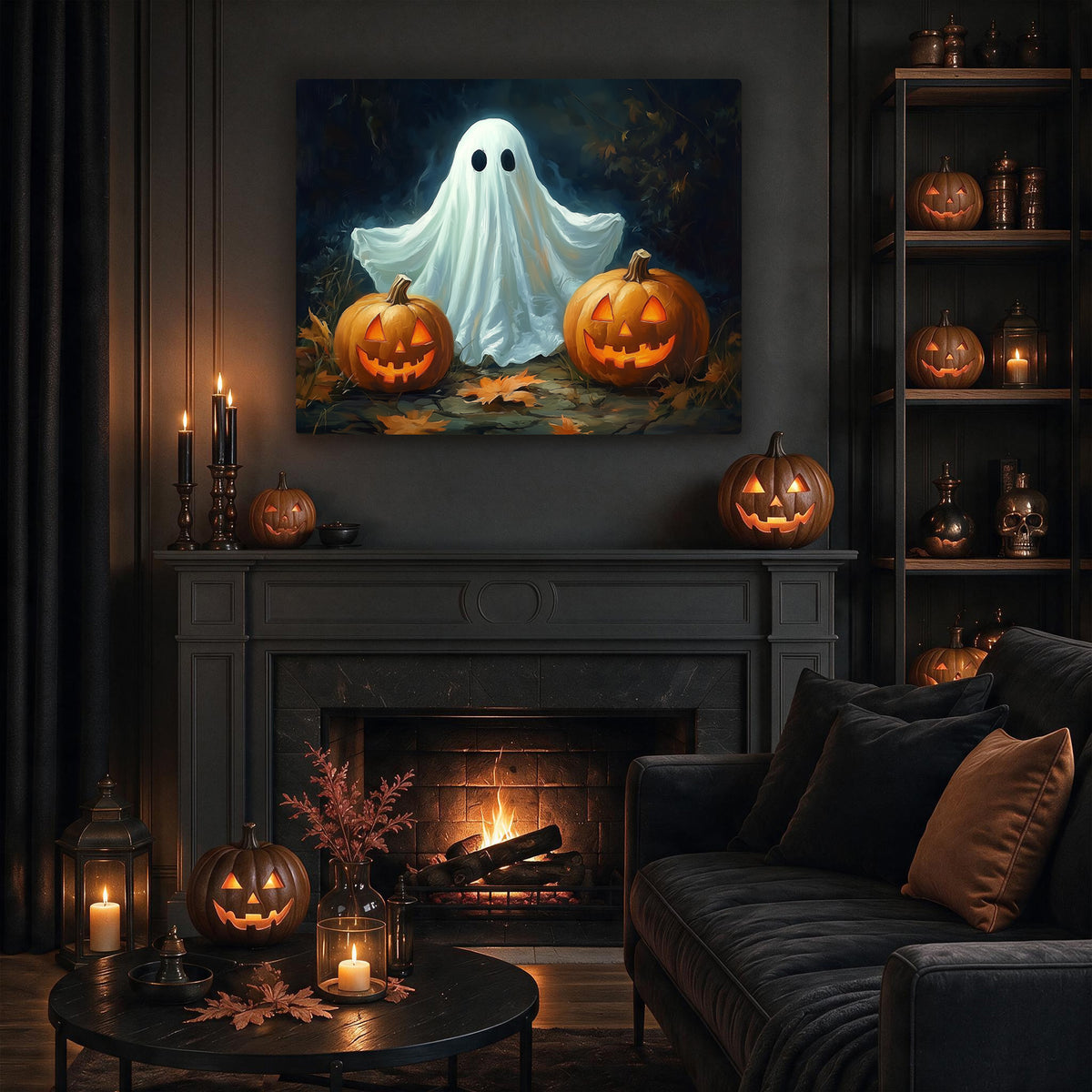 Cute Ghost and Pumpkin Halloween Canvas Wall Art, Whimsical Gothic Fall Decor for Home, Bedroom and Kids’ Room