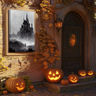 Haunted Gothic Castle in the Mist with Bats Illustration Halloween Wall Art