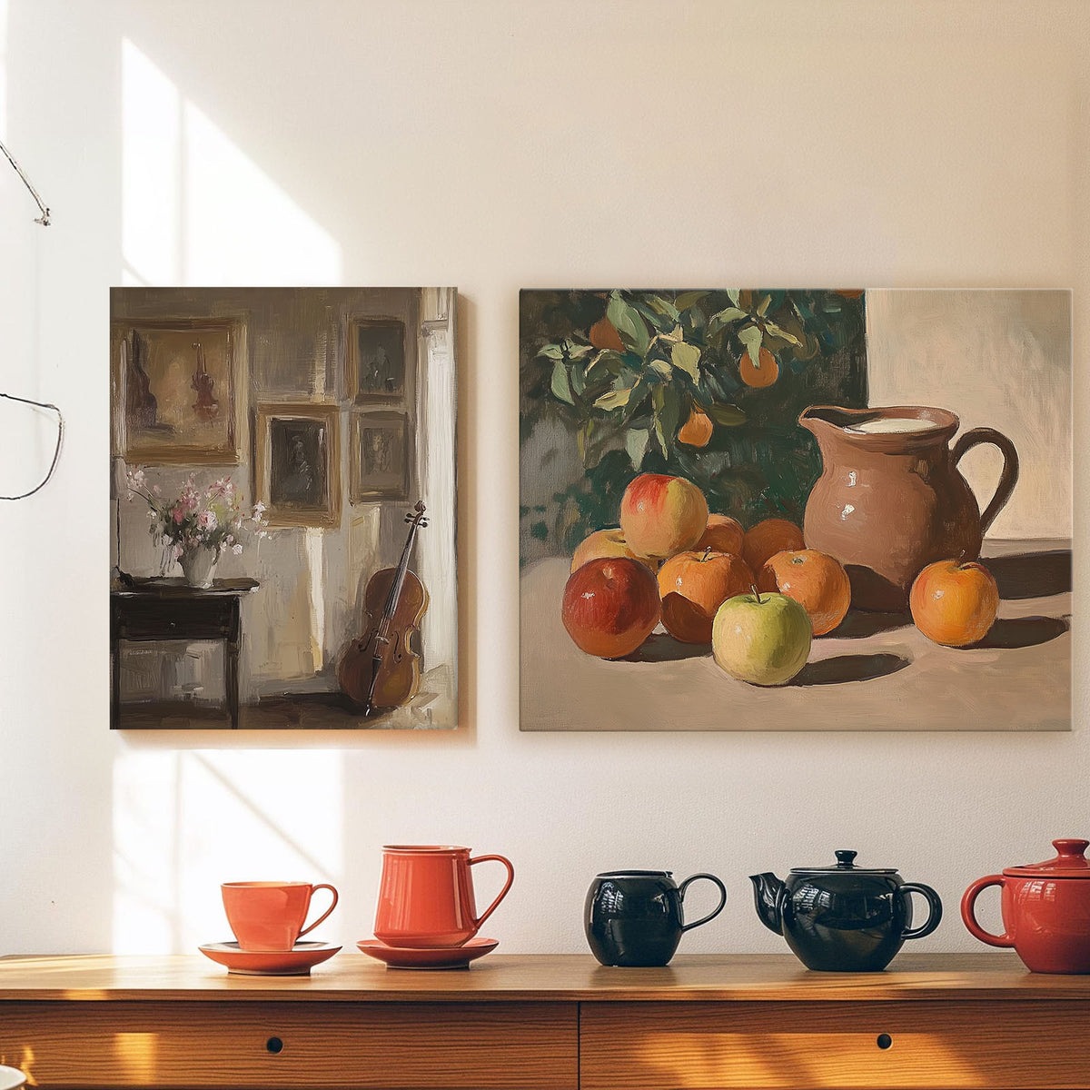 Vintage Violin and Gallery Moody Classical Interior Still Life Painting Wall Art