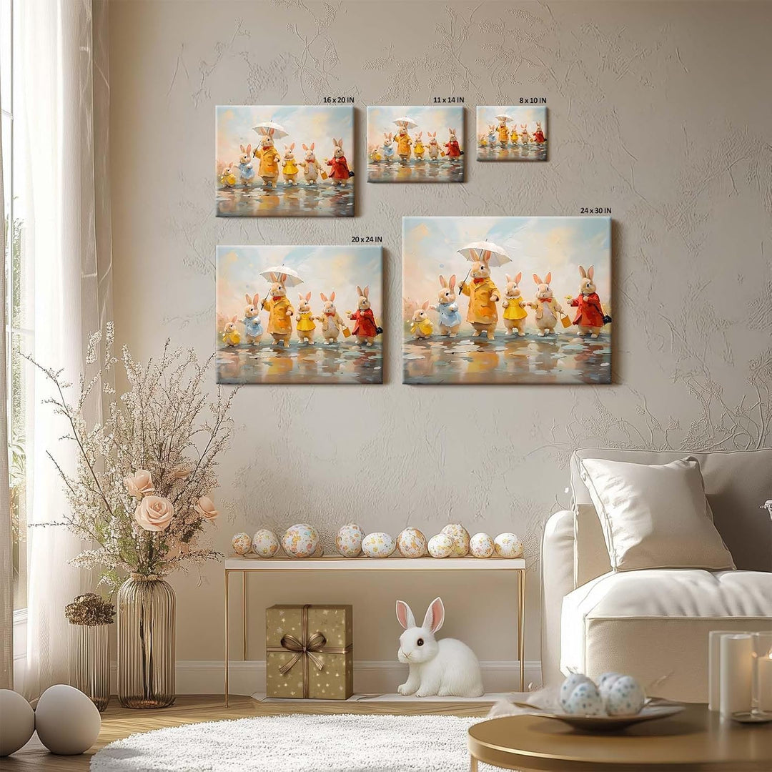 Framed Easter Canvas Wall Art, Bunny Family in Rainy Spring Print Poster, Whimsical Oil Painting Heartwarming Fun Artwork Decoration Pictures
