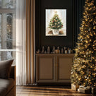 Small Christmas Tree Canvas Wall Art, Rustic Potted Christmas Tree with Ornaments and Gifts Holiday Decor