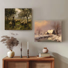 Atmospheric Pastoral Landscape Painting Shepherd and Sheep in the Misty Meadow Wall Art