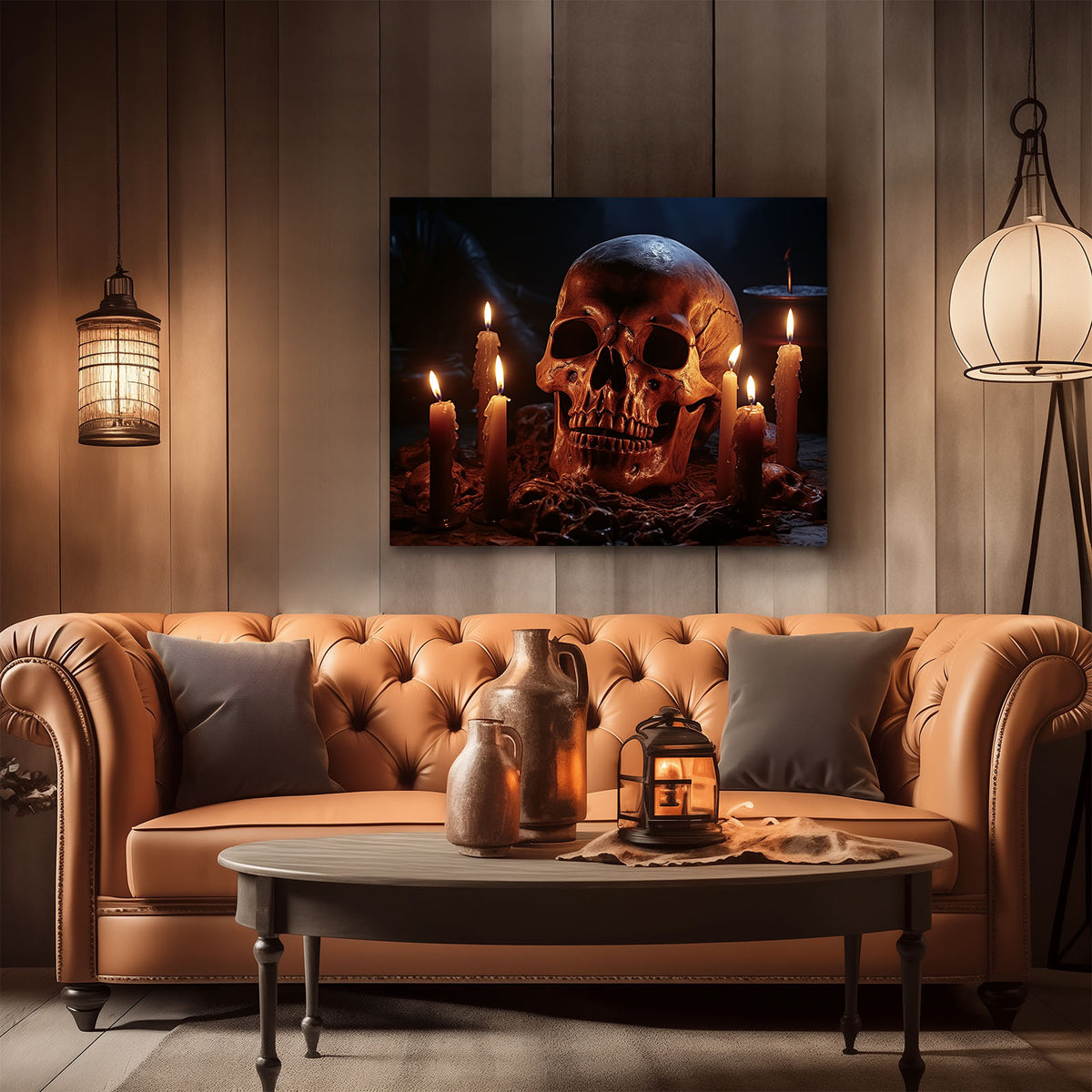 Skull and Candle Dark Gothic Horror Still Life Painting Halloween Wall Art