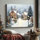 Snowman Christmas Village Canvas Wall Art, Snowy Holiday Town with Wreaths and Lights Decor