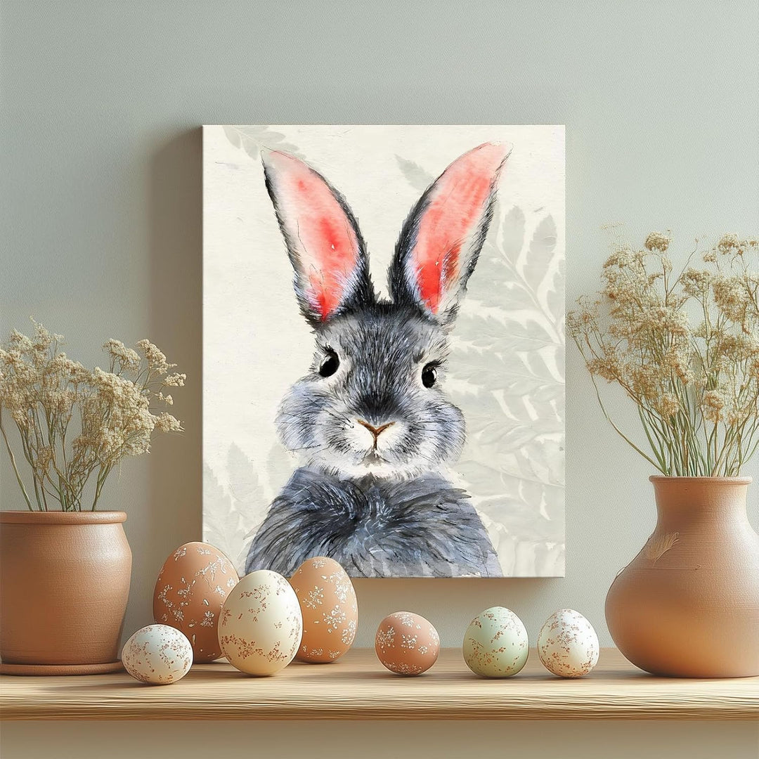 Rustic Easter Bunny Canvas Wall Art, Plants Background Farmhouse Decor Retro Print Painting Spring Aesthetic Artwork, Holiday Gift Bedroom Living Room Decoration