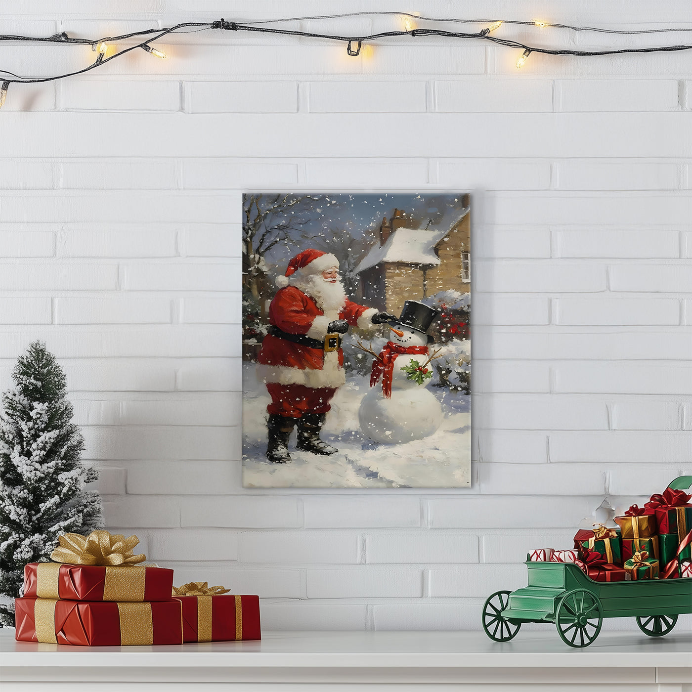 Santa Claus and Snowman Christmas Canvas Wall Art, Festive Winter Holiday Decor for Living Room and Entryway