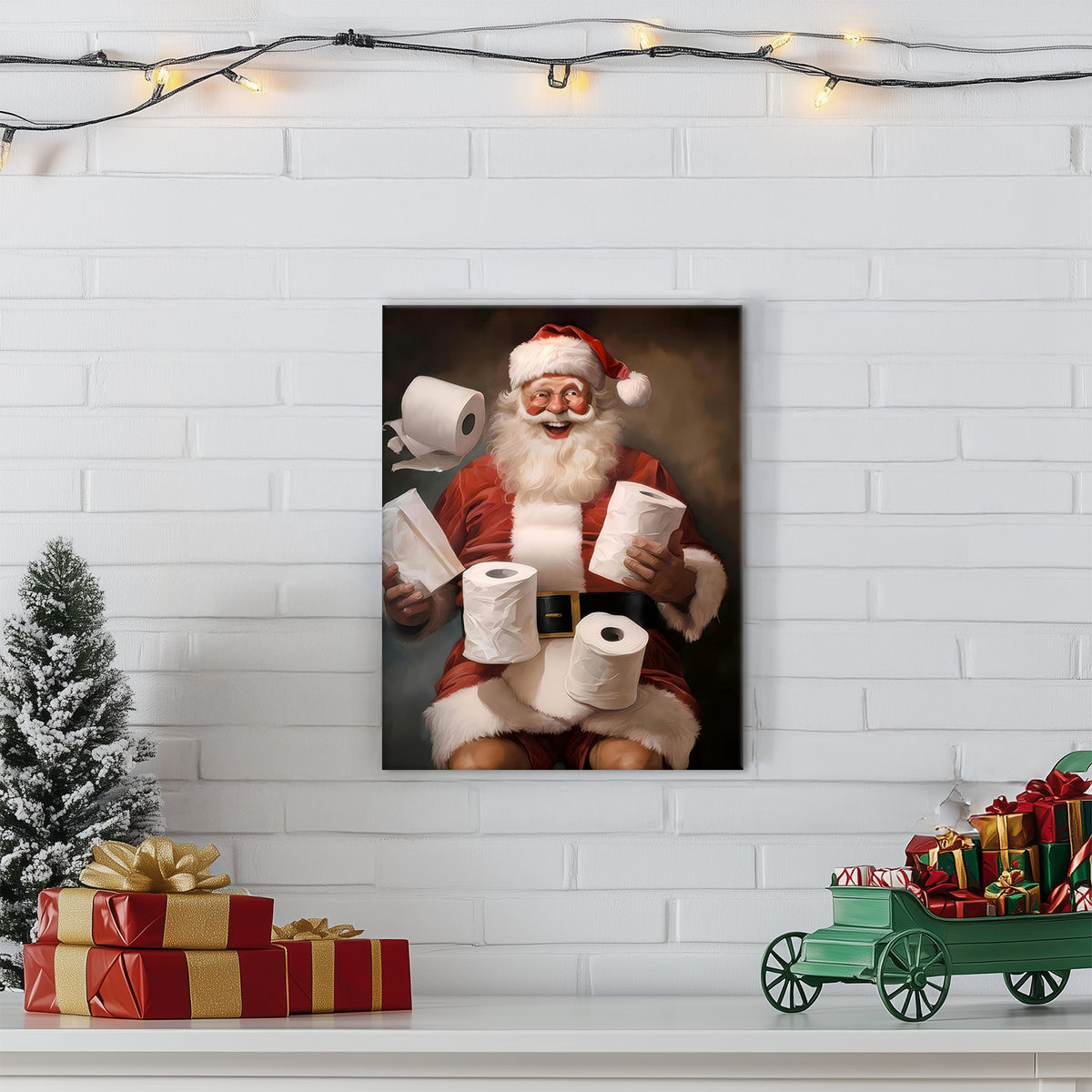 Funny Santa Claus Bathroom Wall Art, Christmas Santa with Toilet Paper Canvas Print for Holiday Bathroom Decor